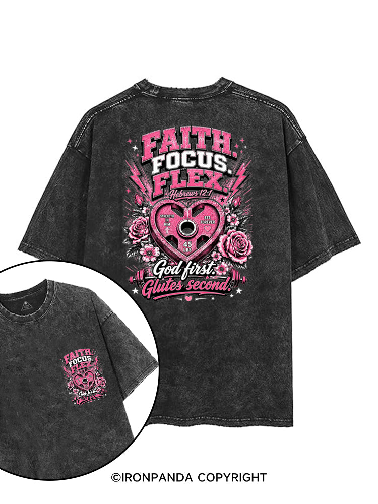 FAITH. FOCUS. FLEX. GOD FIRST GLUTES SECOND printed Gym Shirt