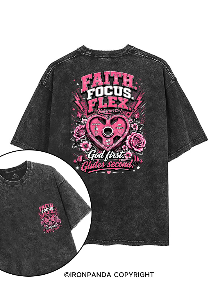 FAITH. FOCUS. FLEX. GOD FIRST GLUTES SECOND printed Gym Shirt