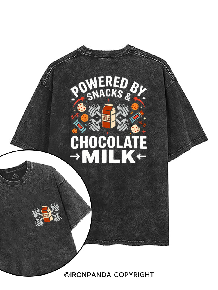 POWERED BY SNACKS $ CHOCOLATE MILK printed Gym Shirt