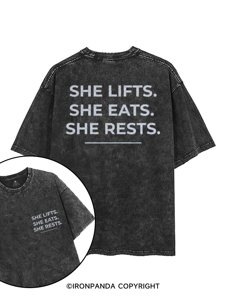 SHE LIFTS SHE EATS SHE RESTS printed Gym Shirt