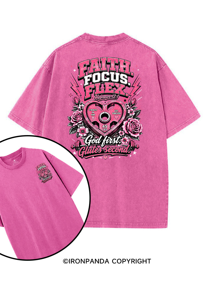 FAITH. FOCUS. FLEX. GOD FIRST GLUTES SECOND printed Gym Shirt